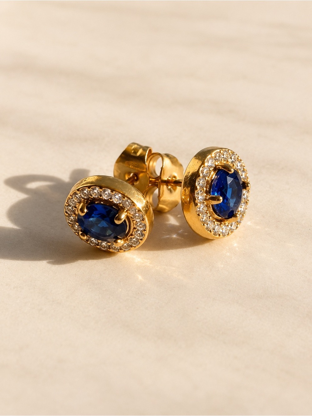 Gold Plated Halo Sapphire Blue Crystal Stud Earrings - Women's Jewelry